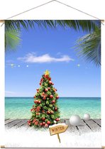 Kerst Doek - 90X120 Cm - Kerstboom Met Ballen Op Vlonder Strand - Textiel Poster - Decoratie - Winter Poster - Kerst Decoratie - Tropical Christmas - Tropische Kerst - Kerstversiering