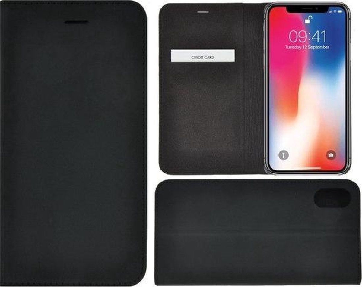 Geschikt voor iPhone X / Xs hoesje - echt leer - Wallet bookcase Ultra Dunne Antiek Zwart Case