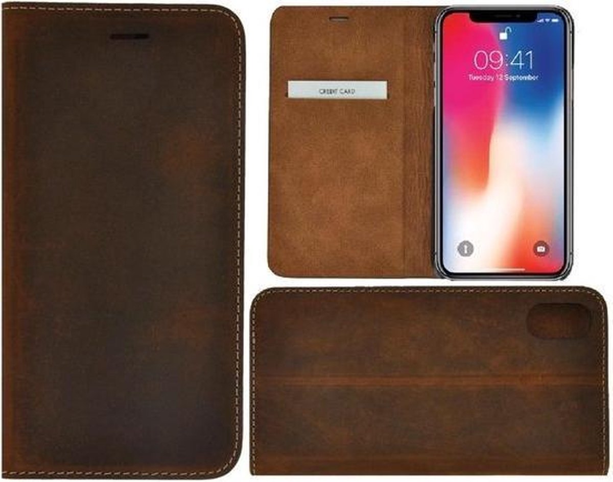 Geschikt voor iPhone X/ Xs hoesje echt leer Wallet bookcase met pasjeshouder Antiek donker Bruin Cover