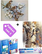 Crafterman™ Diamond Painting Volwassenen SET VAN 2 STUKS - Mussen met bloemen & Vogels in de boom - 30x40cm - volledige bedekking - vierkante steentjes - hobby pakket - Met 2 E-books