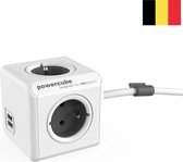 PowerCube Extended Duo USB - 3 meter kabel - Wit/Grijs - 3 stopcontacten - 2 USB laders - Type E met aardepin (België)