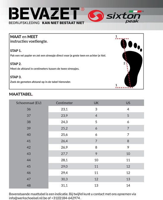 Maattabel voor schoenen met Sixton Peak logo en instructies om voeten te meten.