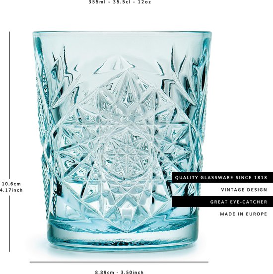Libbey Drinkglas Hobstar Sky Blue – 355 ml/ 35,5 cl - 6 stuks - vintage design - vaatwasserbestendig - hoge kwaliteit - Libbey