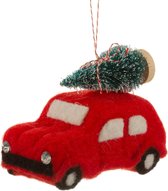 Twee Vilten Kerst auto's met kerstboom op het dak Kerstboomhanger - 2 rode auto's kerstboom decoratie