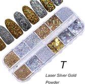 Glitter Poeder Nail Art Set - 12 Stuks - Goud / Zilver - Nagel Decoratie Strass