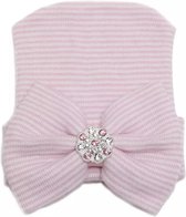 Newborn muts diamonds pink - roze - muts met strik en steentjes