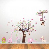 Muursticker babykamer - kinderkamer Jongen Meisje. Roze - Multicolor. Boom - Dieren - Zoo. Uil Aap Olifant Giraf Leeuw Vlinder