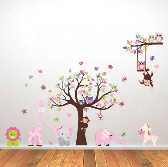 Sticker mural chambre d'enfant - chambre d'enfant garçon fille. Rose - Multicolore. Arbre - Animaux - Zoo. Hibou singe éléphant girafe lion papillon