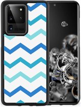 Siliconen Back Cover Geschikt voor Geschikt voor Samsung Galaxy S20 Ultra Telefoon Hoesje met Zwarte rand Zigzag Blauw