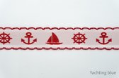 Geweven sierband -  rood bootjes band - fournituren - lengte 2 meter - anker - stuurwiel - zeilboot - lint - stof - afwerkband - katoenen band - naaien - decoratieband -