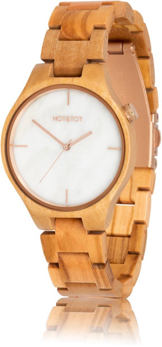 HOTTOT | Tayga - Houten horloge - 40mm - Wit marmer - Olijfhout - Roségoud