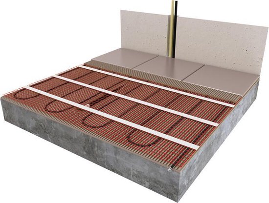 Dwarsdoorsnede van een vloer met installatie van een rode vloerverwarmingsmat bovenop beton.