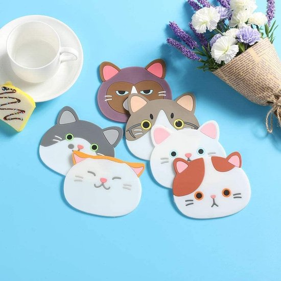 Set van 6 houten katten onderzetters – kattenpootjes & kattenkoppen – The Happy Cat Shop