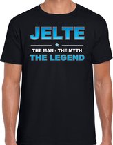 Naam cadeau Jelte - The man, The myth the legend t-shirt  zwart voor heren - Cadeau shirt voor o.a verjaardag/ vaderdag/ pensioen/ geslaagd/ bedankt M