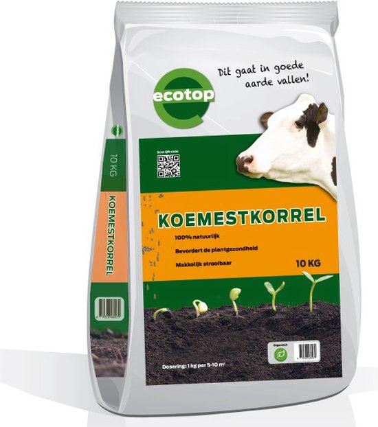 Foto: Ecotop geurarme koemestkorrels koemest korrel zak ca 10 0kg allround organische meststof stimuleert bodemleven op natuurlijke wijze langdurige werking gecomposteerd en gehygi niseerd makkelijk strooibaar bevordert bodemvruchtbaarheid