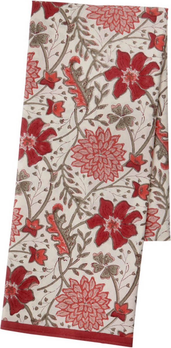 Bungalow Sitapur Cerise katoenen blokprint tafelkleed in gebroken wit, roze, rood, donkerrood en grijs | 150 x 250 cm