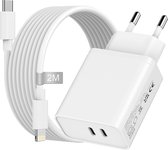 Dual USB C Charger + USB C naar 8-PIN Kabel 2 Meter - GaN Technologie - Versterkte Oplaadkabel - 20W, 25W, 27W, 30W, 35W - Geschikt voor iPhone, iPad met Lightning