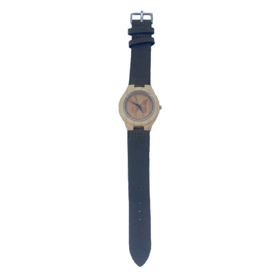 Houten Horloge Bamboe met leren band - Voor Heren - Met gesneden vlinderbeeld - Donkerbruin - 44mm