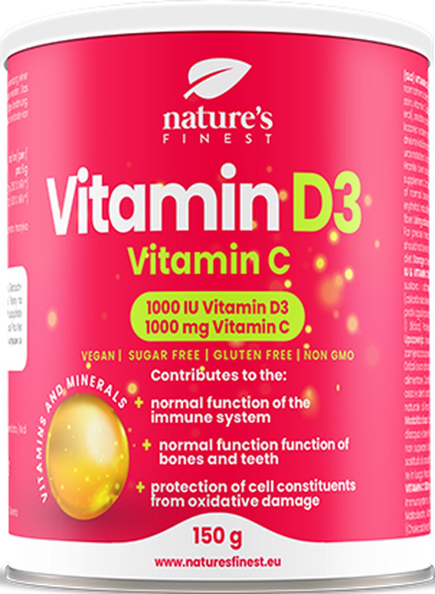Nature's Finest Vitamine D3 + Vitamine C | Vitaminen in poeder - formule met Vitamine D3 en Vitamine C poeder voor een sterke immuunsysteem - Vitamine D3 met 1000 IE per dosering