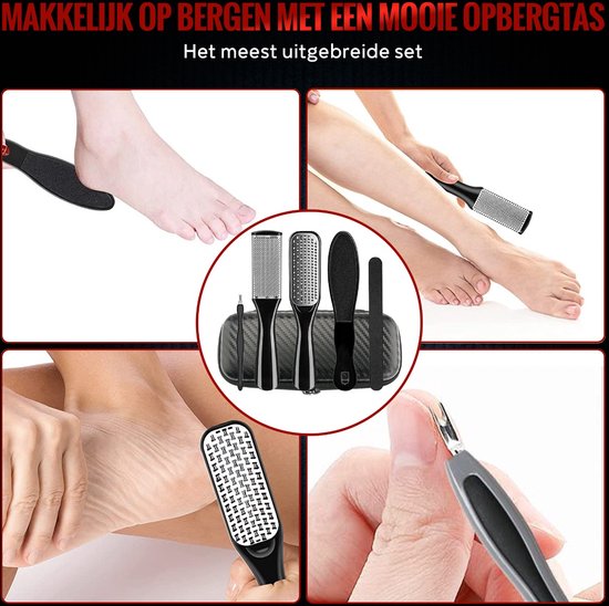 Pedicure set met eeltverwijderaar, voetvijlen en andere accessoires, opgeborgen in een mooie opbergtas.