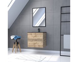 Pack Meuble SDB 60cm suspendu 2 tiroirs Chene_Vasque noire + Miroir - TIMBER 60_Pack07