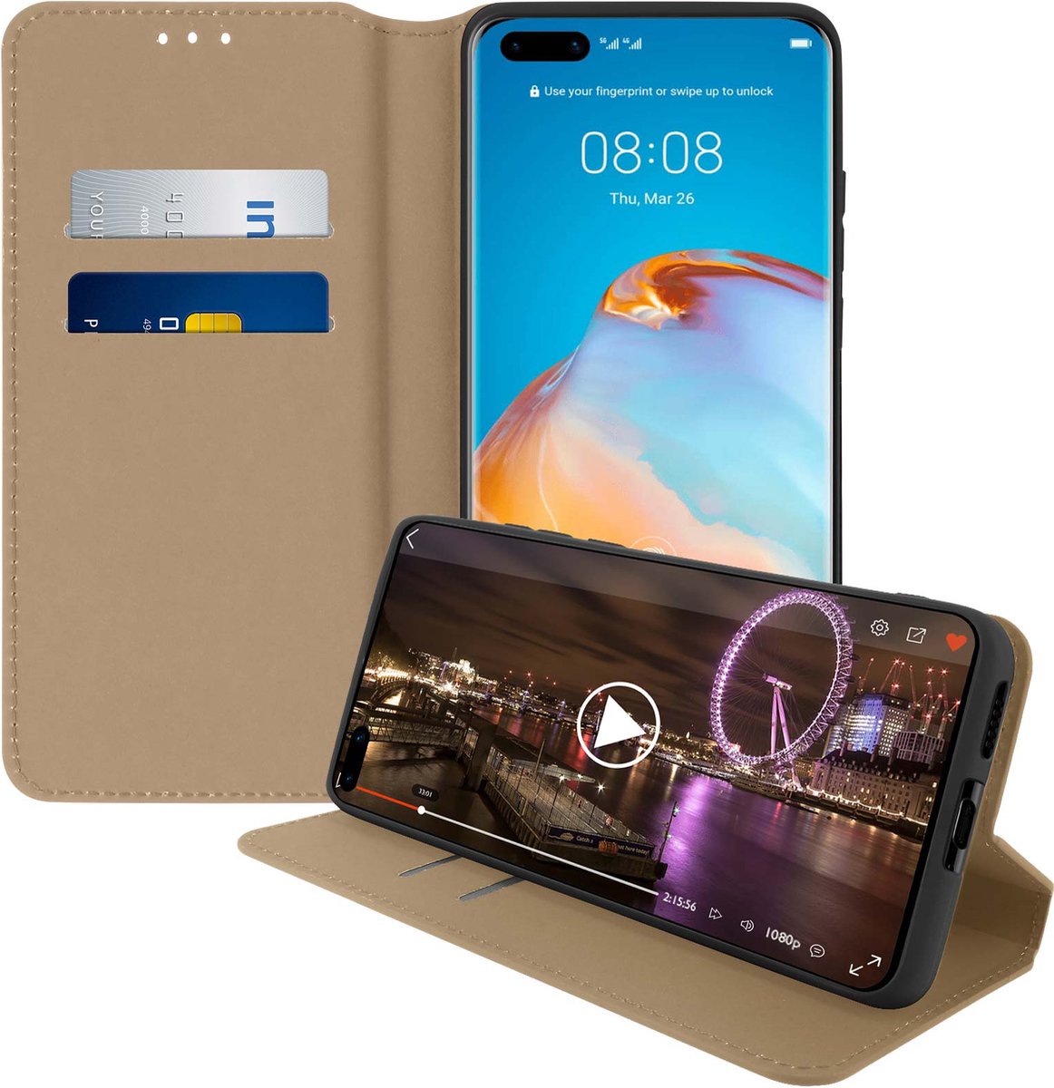 Hoes Geschikt voor Huawei P40 Pro klep portefeuille, video standaard goud