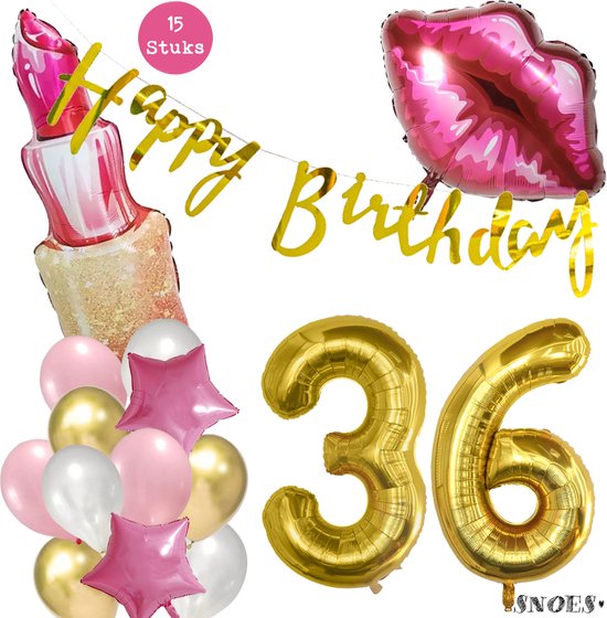 Snoes Beauty Helium Ballonnen Set 36 Jaar - Roze Folieballonnen - Slinger Happy Birthday Goud