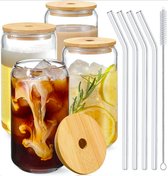 Can drinkglazen - Set van 4 - Met bamboe deksel - 480 ml / 48 cl - Koffieglazen - Transparant - Vaatwasserbestendig - Glazen rietje - Zeer hoge kwaliteit