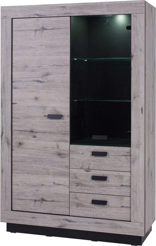 K-Möbel Glazen vitrinekast in zwart (80x60x25 cm) met 2 in hoogte verstelbare glazen leggers, spiegel & LED - Modelauto Verzamelaars vitrinekast - Glazen