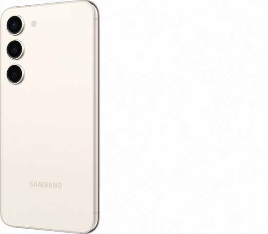 Crème Samsung Galaxy S23 met drie camera's op de achterkant.