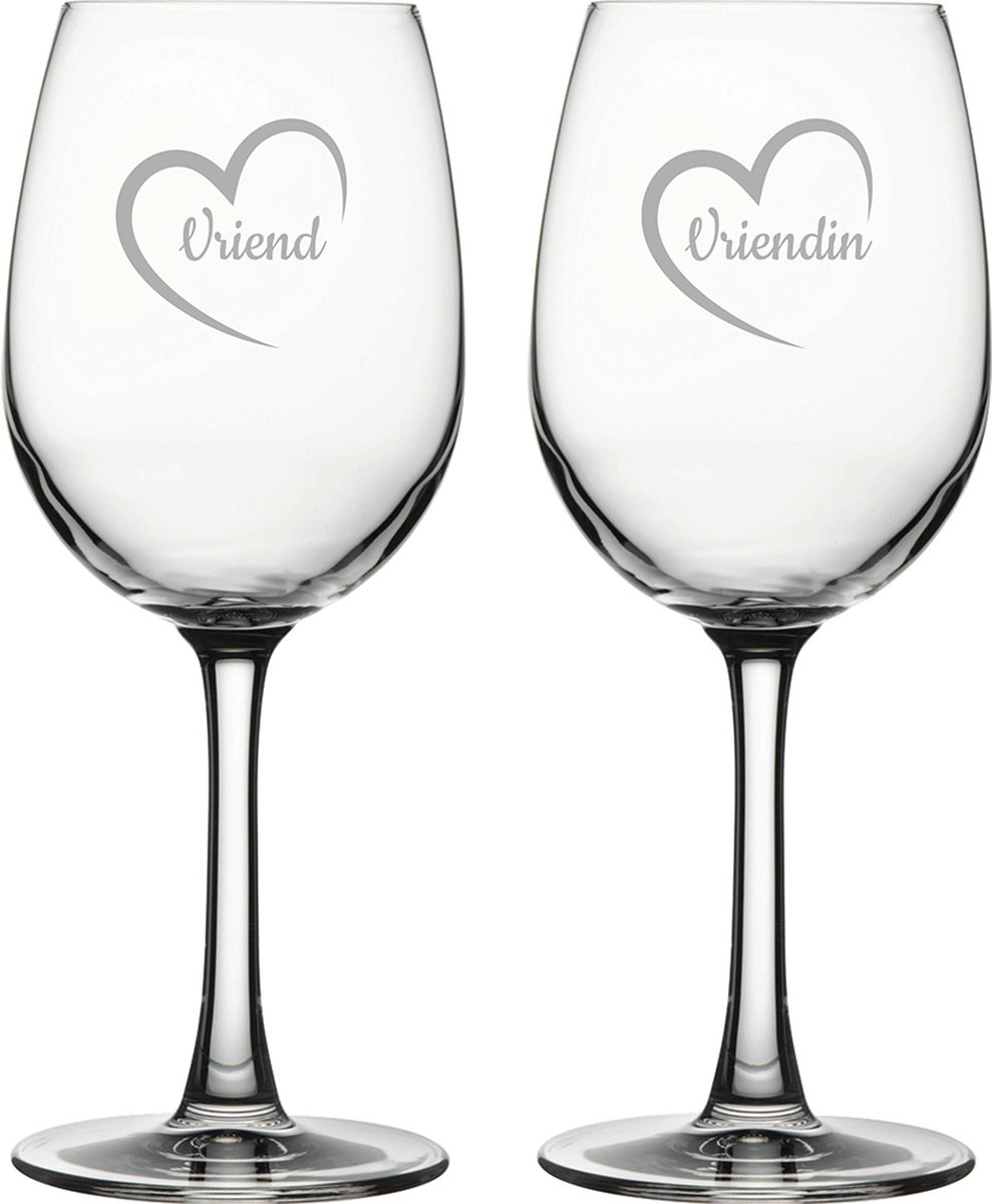 Gegraveerde witte wijnglas 36cl Vriend met hartje & Vriendin met hartje