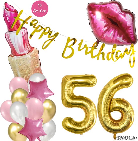 Snoes Beauty Helium Ballonnen Set 56 Jaar - Roze Folieballonnen - Slinger Happy Birthday Goud
