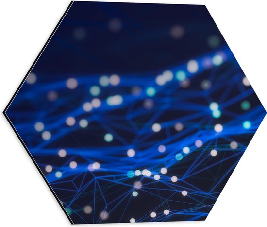 Dibond Hexagon - Blauwe Neonlijnen met Stippen - 40x34.8 cm Foto op Hexagon (Met Ophangsysteem)