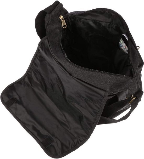 Open zwarte canvas schoudertas van Fana Bags, met zwart gevoerd interieur.