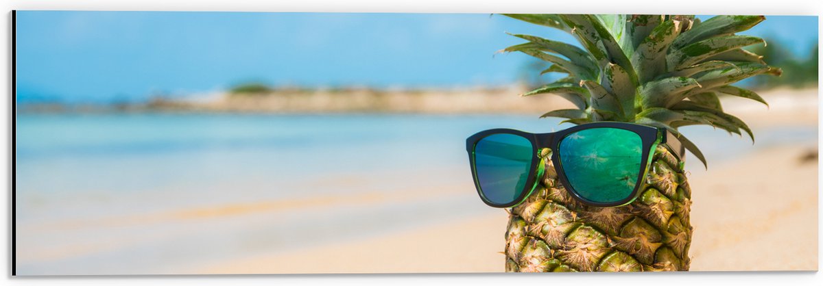 Dibond - Ananas met Zonnebril Chillend op het Strand - 60x20 cm Foto op Aluminium (Met Ophangsysteem)