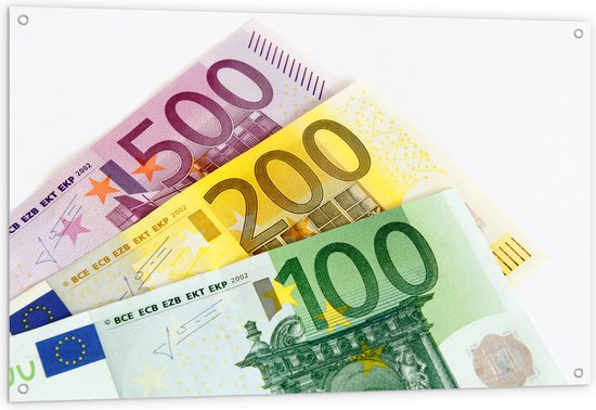 Tuinposter met een ontwerp van 100, 200 en 500 euro biljetten en metalen ringen in de hoeken.