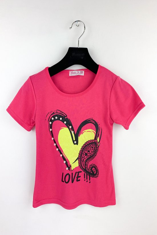 T-shirtje met hartje voor meisjes - donker roze - 11/12 jaar