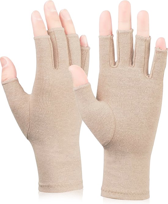 Salvano Reuma Compressie Handschoenen met Laag en Open Vingertoppen Maat M- Licht bruin