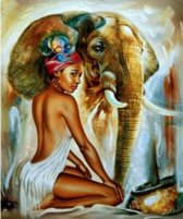 Denza - Diamond painting volwassen vrouw met olifant 40 x 50 cm volledige bedrukking ronde steentjes direct leverbaar - Afrikaans