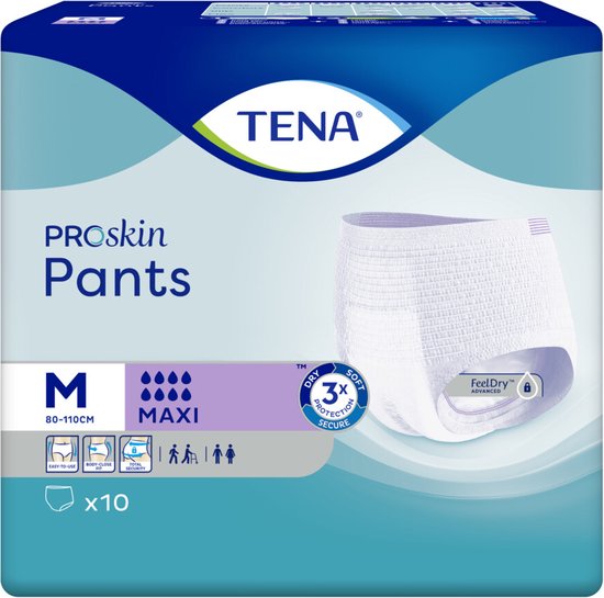 TENA ProSkin Pants Maxi, maat M, 10 stuks. Verpakking toont een witte incontinentiebroek.