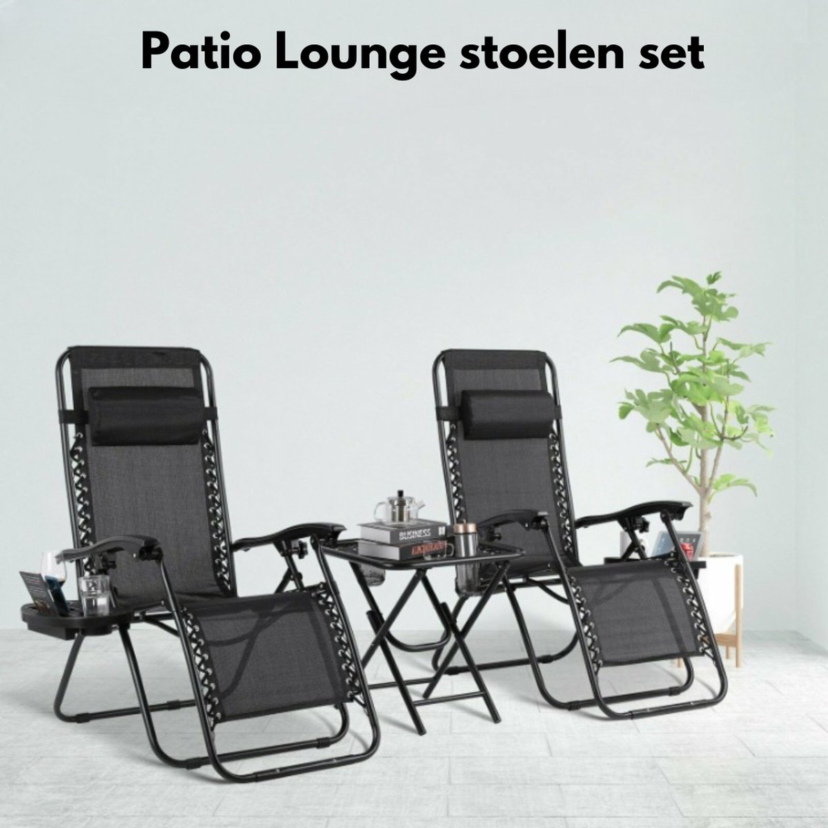 Patio - Stoelen Set - Tuinstoelen Verstelbaar - Opvouwbare Set - Lichtgewicht - Inclusief Handige Tafel - Inclusief Beker En Telefoon Houders - Zwart
