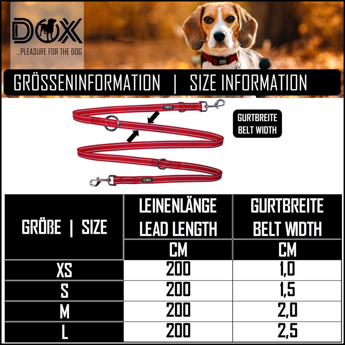 DDOXX Reflecterende Nylon Hondenriem – 2 Meter Lang, 3-in-1 Verstelbaar, Voor Training En Wandeling, Maat L (zwart)