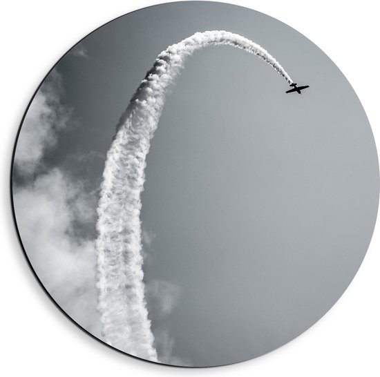 WallClassics - Dibond Muurcirkel - Witte Vliegstreep van Vliegtuigje - 40x40 cm Foto op Aluminium Muurcirkel (met ophangsysteem)