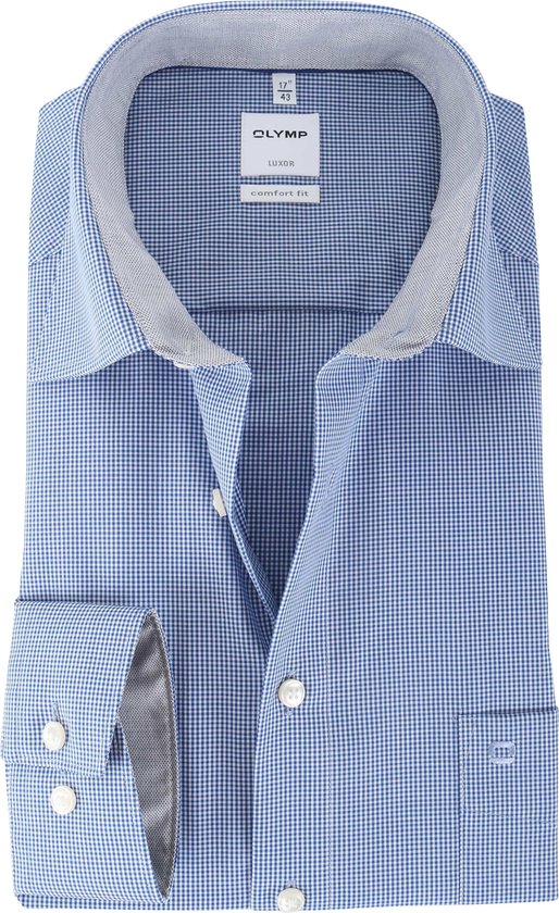 OLYMP Luxor comfort fit overhemd - donkerblauw met wit geruit (contrast) - Strijkvrij - Boordmaat: 40