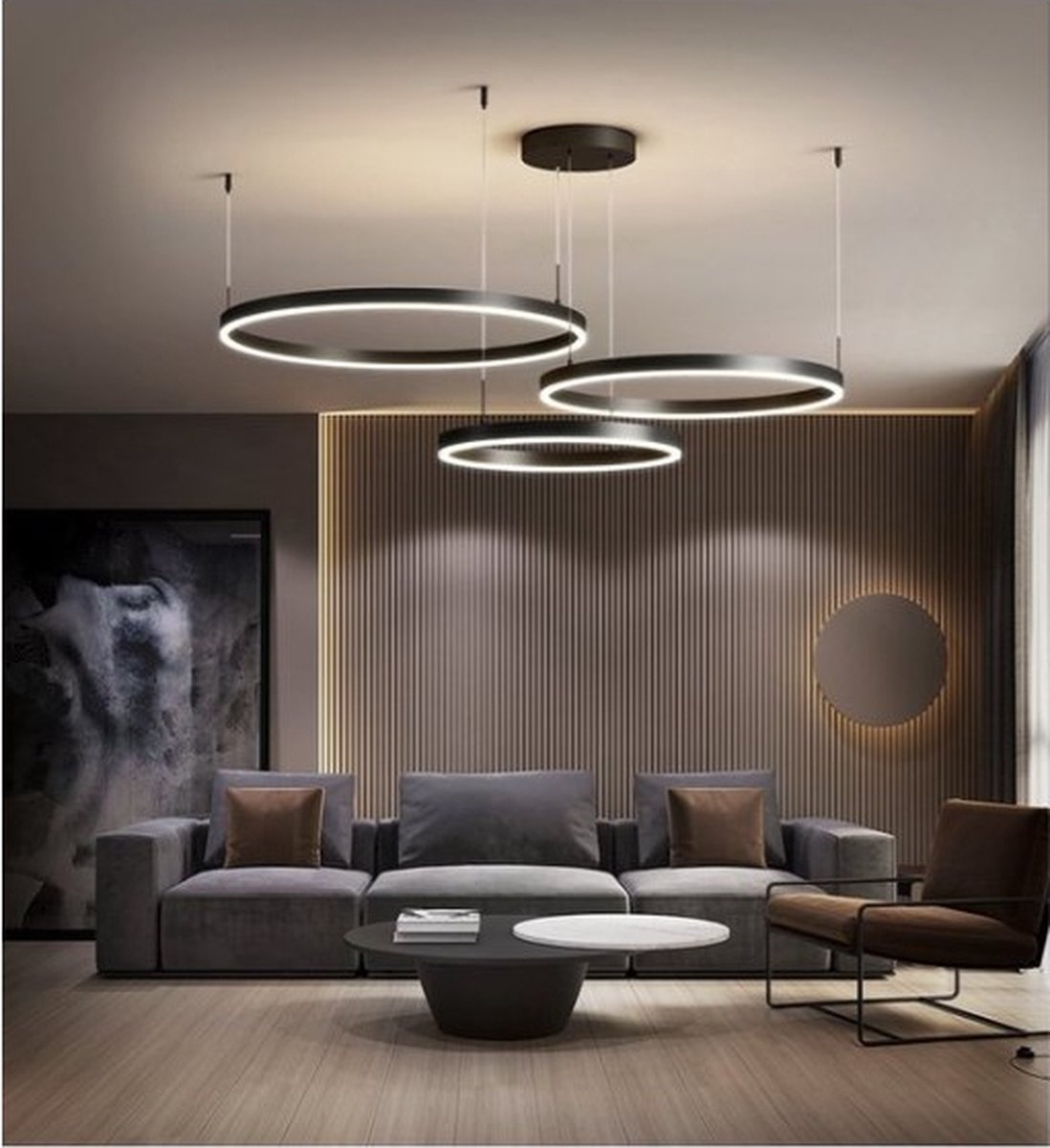 LAMPLAY Ronde LED Moderne Hanglamp, 1 Bruin Ring Kroonluchter, Dimbaar Met Afstandsbediening 3000K-6000K Plafondlamp, Hoogte Verstelbaar, Hal Woonkamer Slaapkamer Eetkamer Keuken Eiland (80cm
