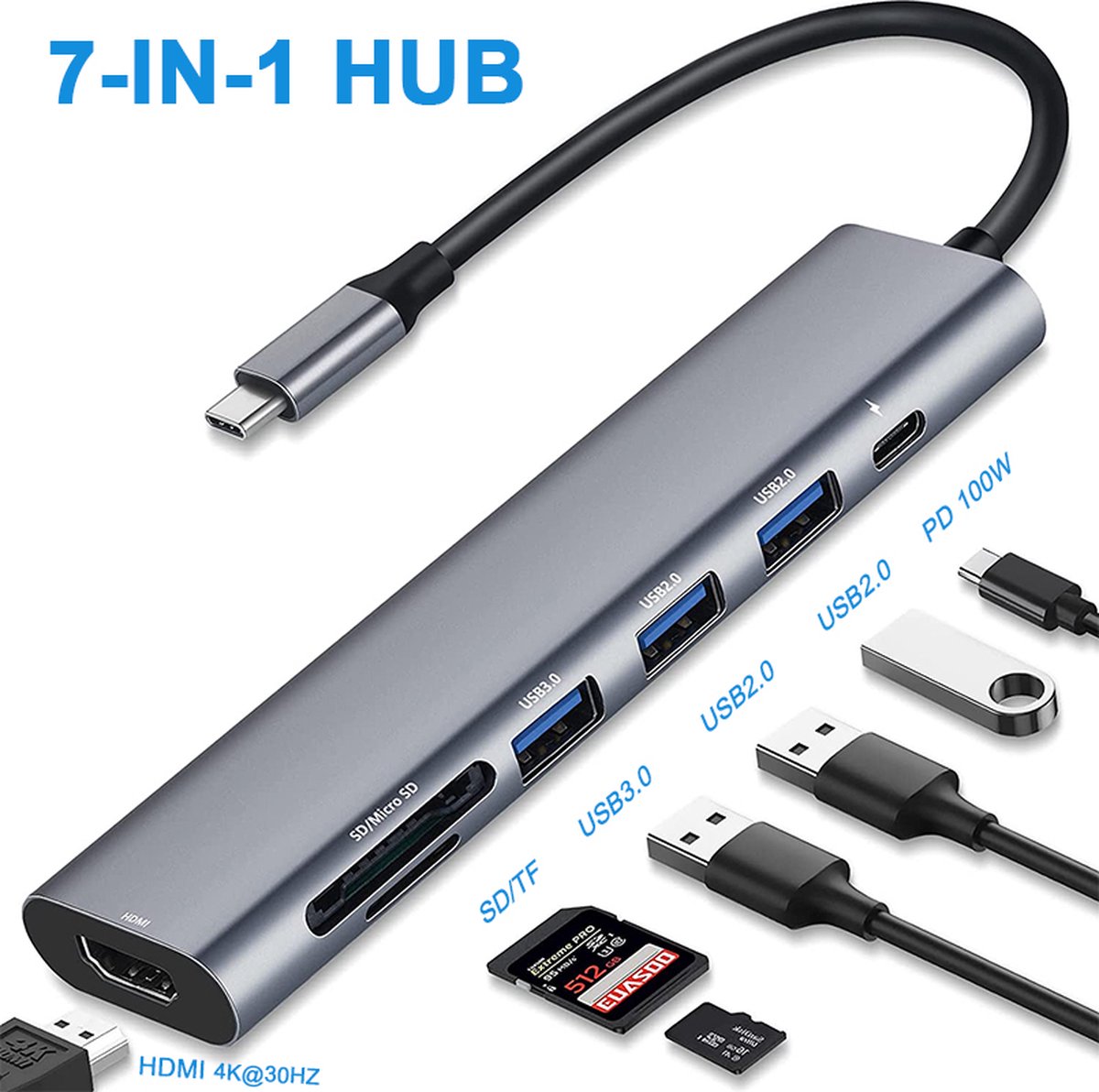 Ayostech USB C Hub - 4K HDMI - HDTV - 7 Poorten