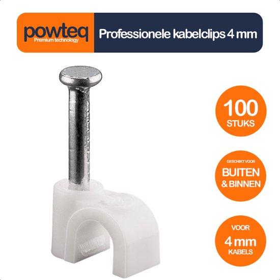 Powteq kabelclips - 4mm - 100 stuks - Voor Binnen & buiten - Wit - Kabelklem/kabelhouder
