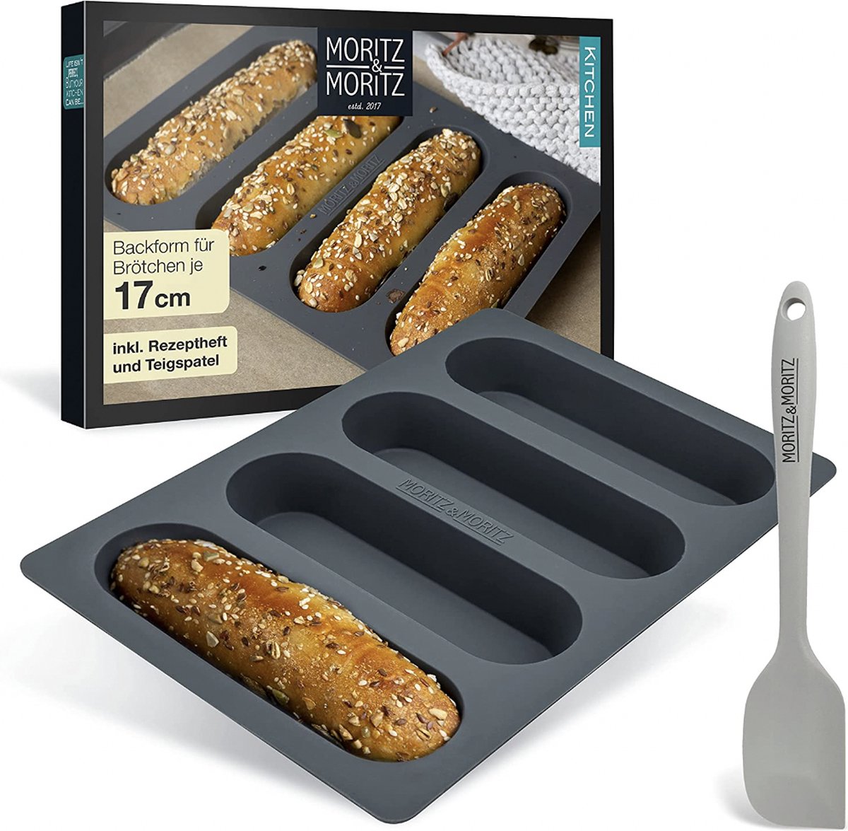 Moritz & Moritz Hot Dog broodjes bakvorm siliconen 17 cm – mini baguette bakvorm siliconen voor hotdogs, mini-cakes en grote mueslirepen incl. deegschraper en receptenboekje