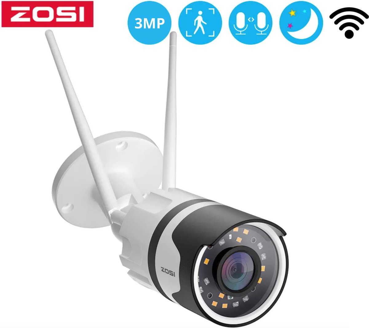 ZOSI Bewakingscamera Voor Buiten - Camera Beveiliging - 2K HD - WiFi - Draadloos - IP Camera - 3MP - Tweezijdige Audio en Microfoon - Nachtvisie - Waterdicht - Met App - Wit