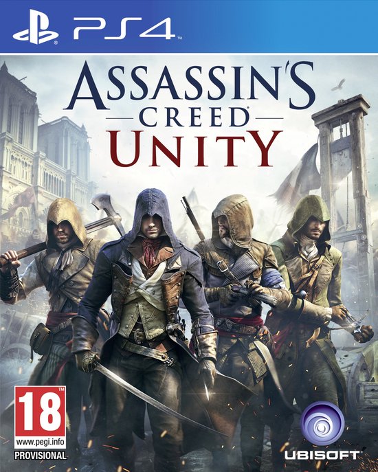 PlayStation 4 hoes: Assassin's Creed Unity, met 4 assassins en guillotine.